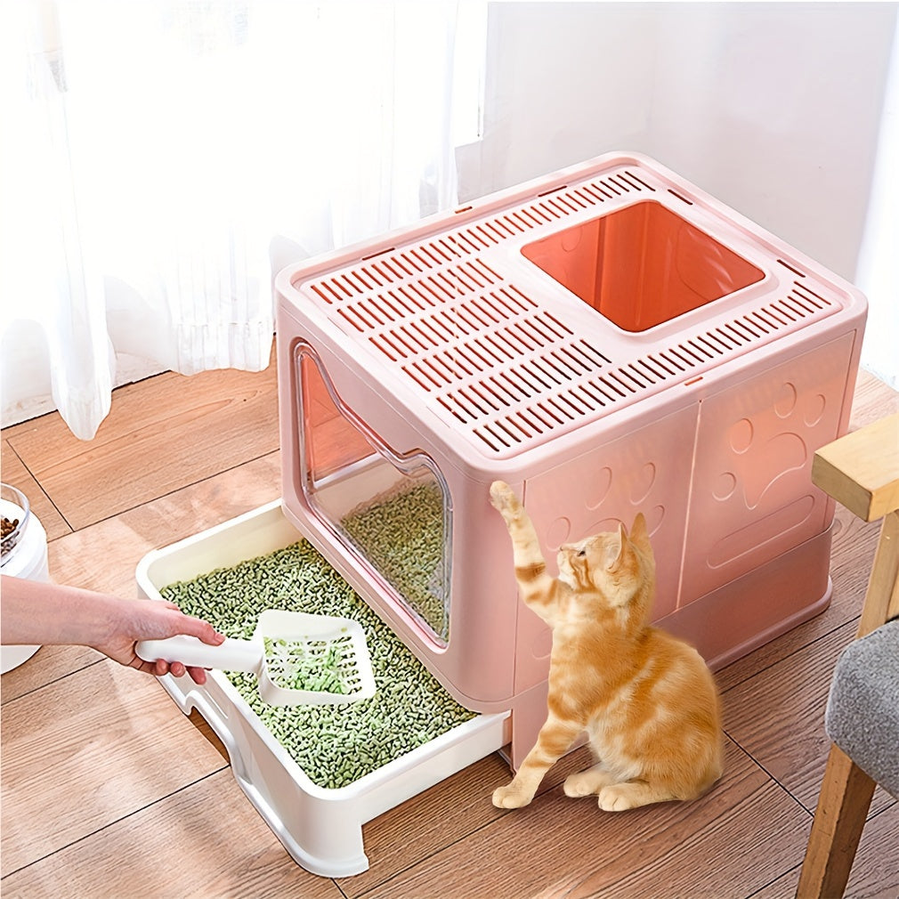 Foldable Cat Litter Box with Drawer Tray and Scoop, Large Plastic Top-Entry Kitty Toilet with Perforated Lid for Indoor Cat Potty Care