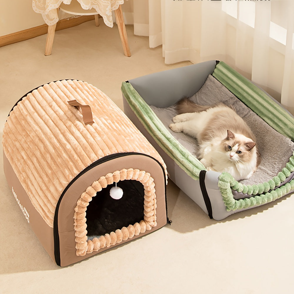 Foldable Indoor Dog House with Lid and Handle, 2-in-1 Brown Pet Tent Cave Bed with Soft Anti-Slip Washable Cushion for Dogs and Cats