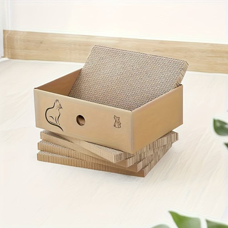 Cat Scratching Board Set with Box, 5 Reversible Corrugated Cardboard Pads for Indoor Scratching, Resting and Play, Standard or Extra Large Options