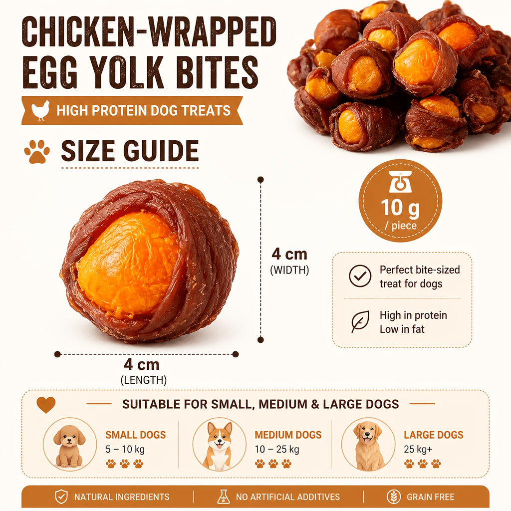 Meat Wrapped Egg Yolk Dog Treats, Chicken or Duck Flavor Chewy Reward Bites in 115g, 255g and 510g Options for Supervised Training and Snack Time