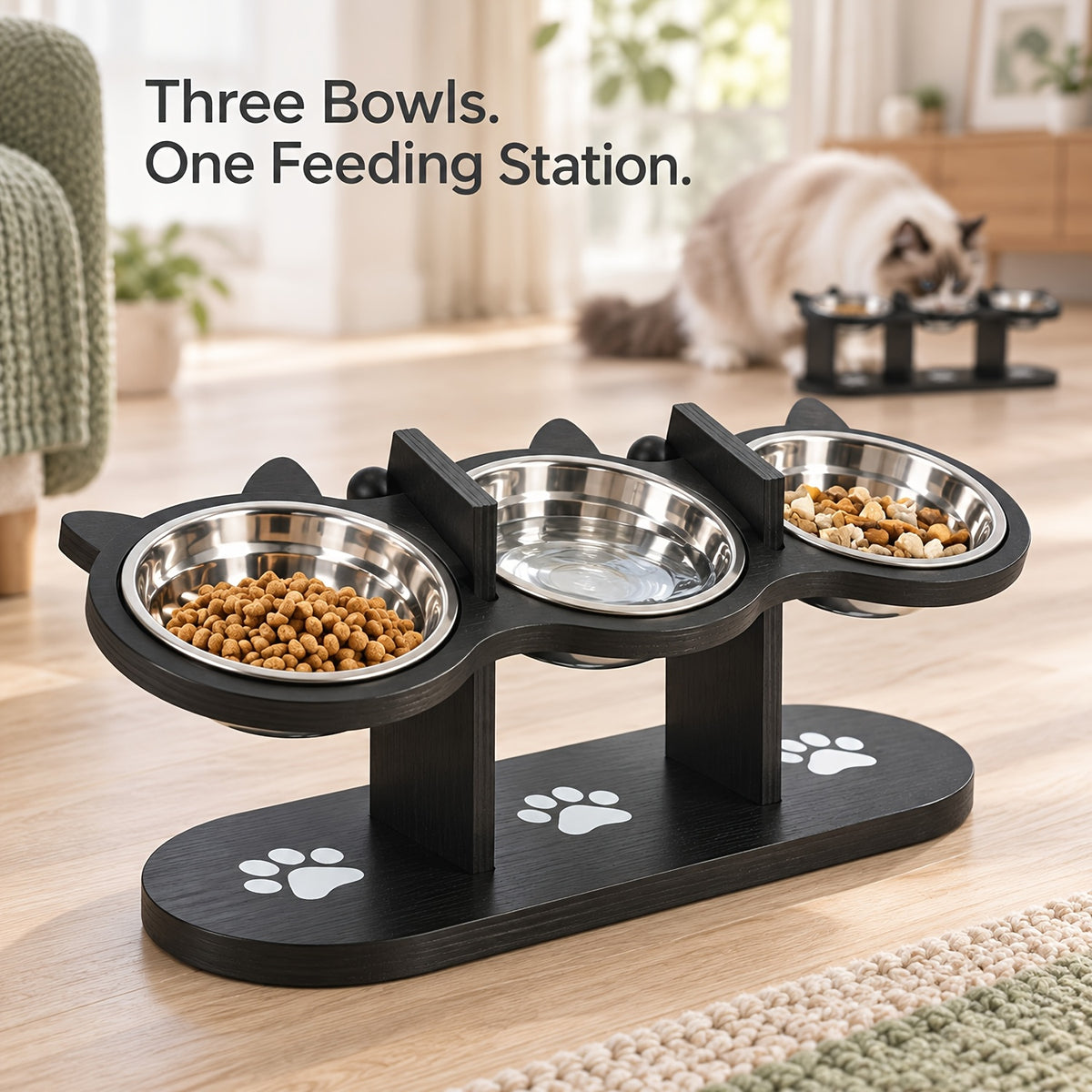 Double Cat Bowl Stand with Two Stainless Steel Dishes, 15 Degree Tilted Adjustable Black Wooden Feeder for Cat and Small Dog Food and Water