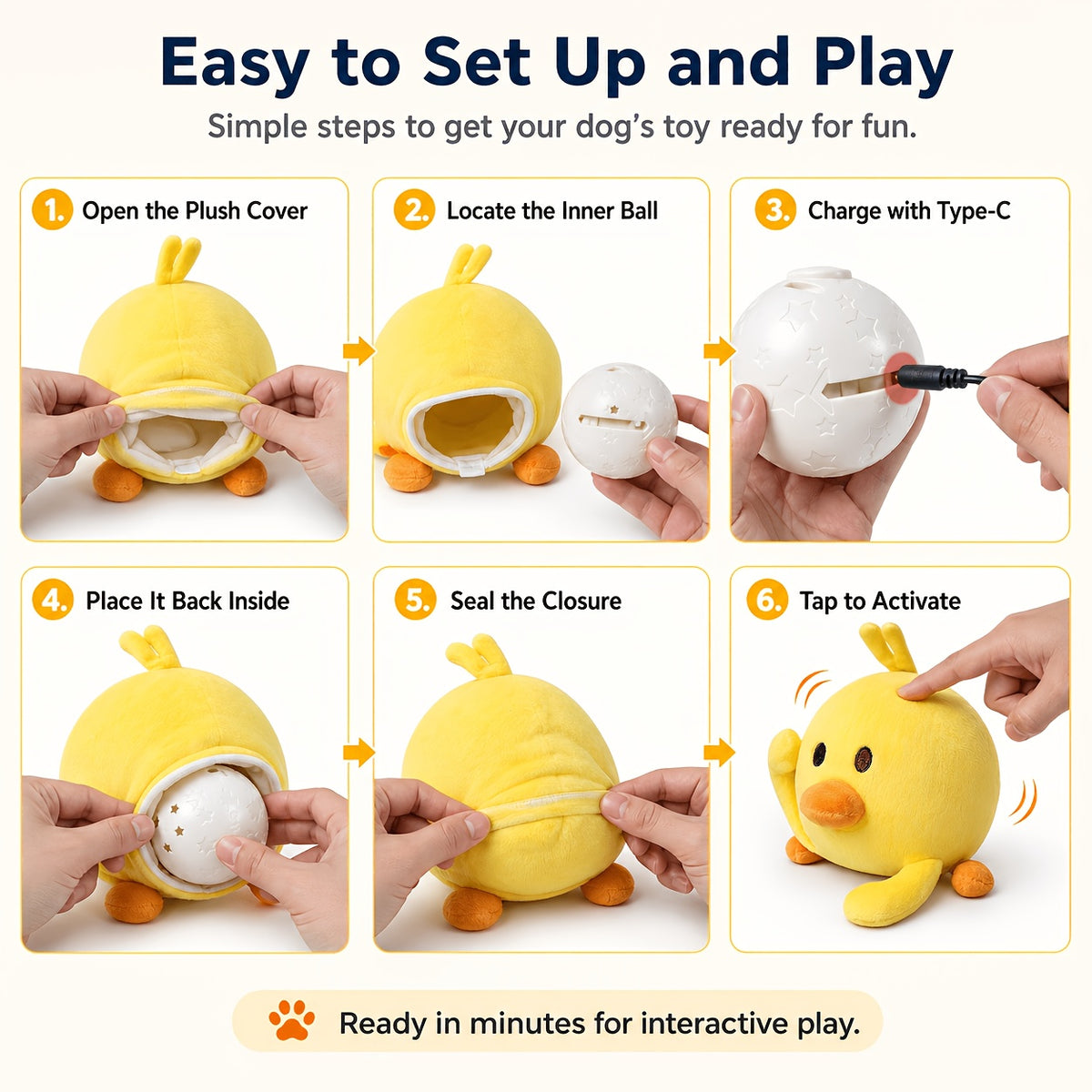 Voice Recording Dog Toy with Bouncing Ball, USB Rechargeable Moving Animal Toy with Music, Crinkle Sounds and Washable Cover for Supervised Play