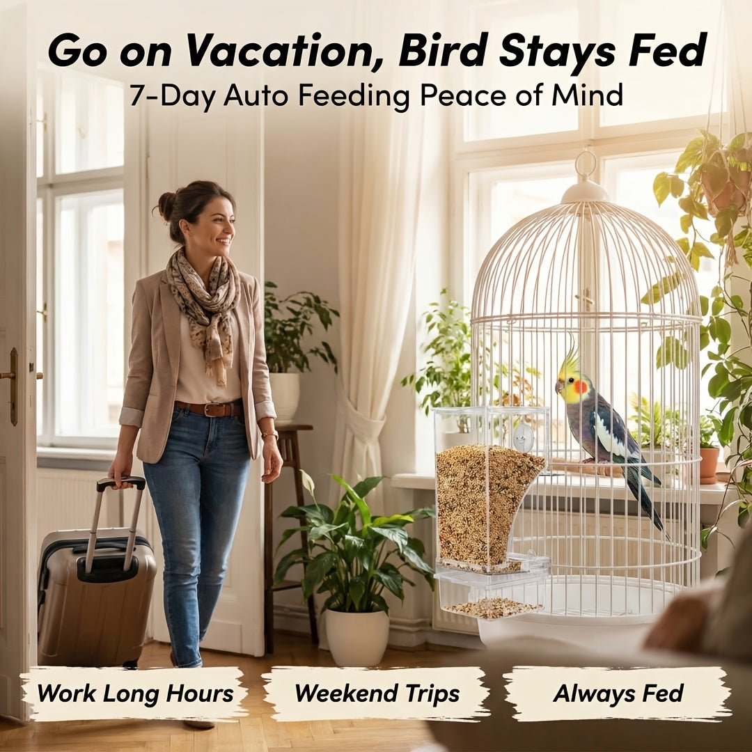 Automatic Bird Cage Feeder with Catch Tray, Transparent Acrylic Seed Dispenser with Angled Feeding Port and Cage Mount for Everyday Pet Bird Care