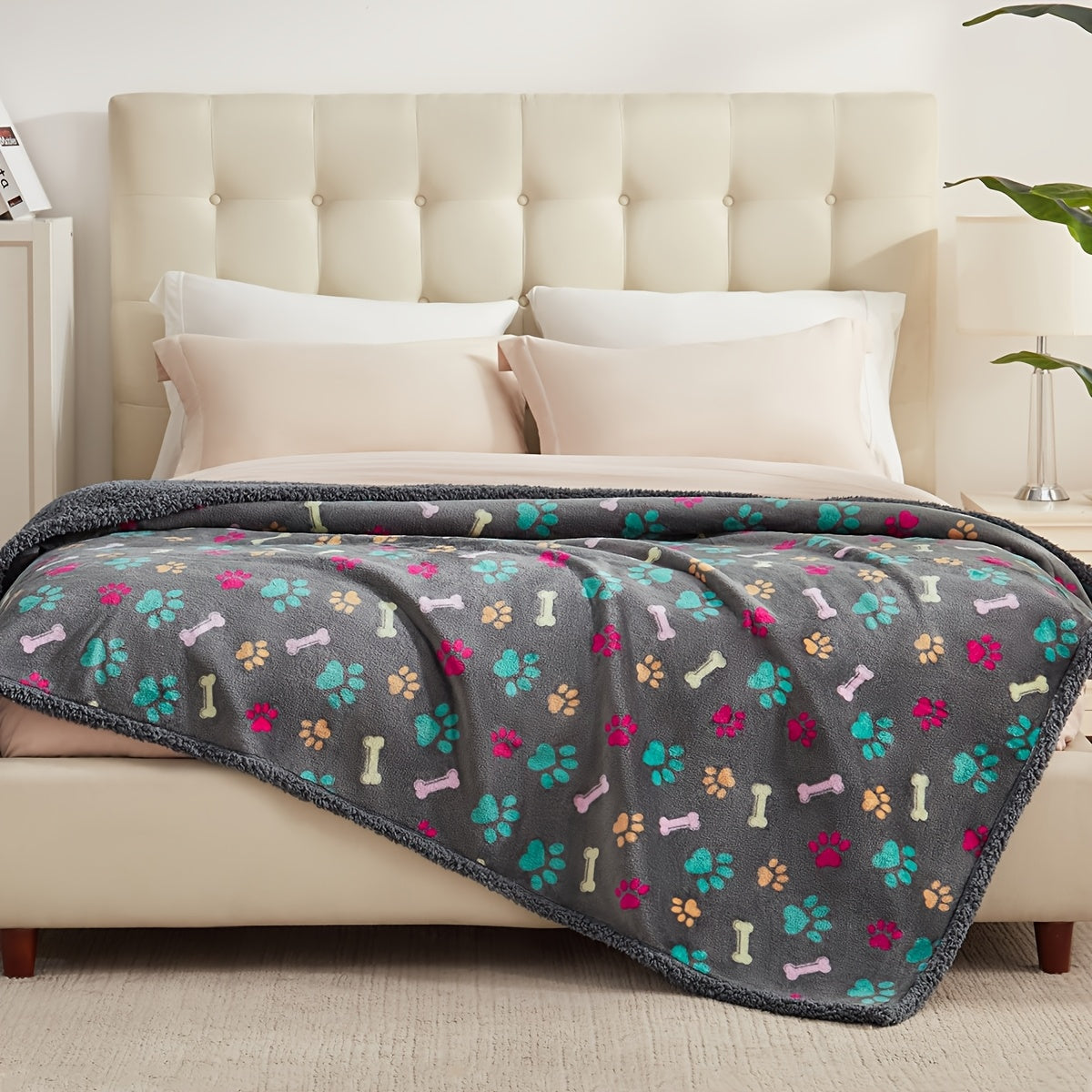 Gray Pattern Dog Blanket for Couch and Bed, Soft Fluffy Reversible Washable Pet Furniture Cover with Bone or Paw Designs and Multiple Size Options