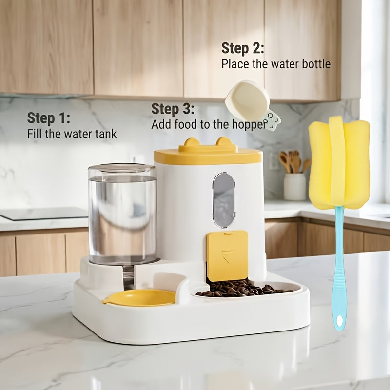 2-in-1 Cat Feeder and Water Dispenser, Non-Electric Gravity Food and Water Station for Cats and Small Dogs with Optional Cleaning Brush