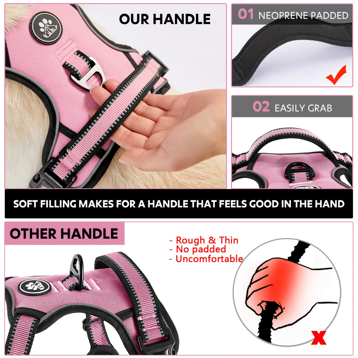 No Pull Dog Harness Set with Three-Buckle Open-Neck Design, Reflective Adjustable Vest, Padded Handle, Leash and Seat Belt, XS-XL