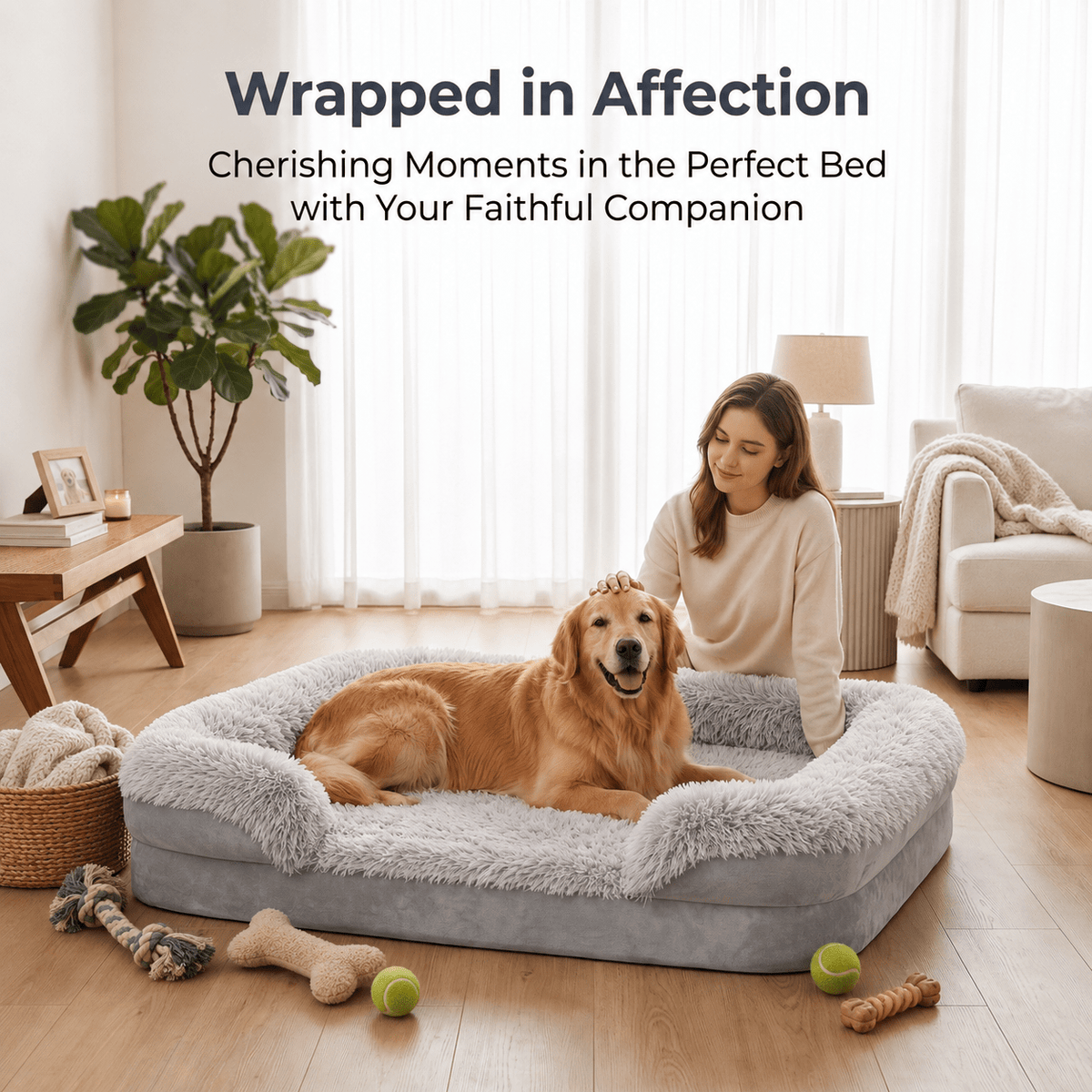 Egg Crate Foam Dog Bed with Raised Bolsters, Plush Pet Sofa with Removable Machine Washable Cover and Non-Slip Bottom, M XL 2XL