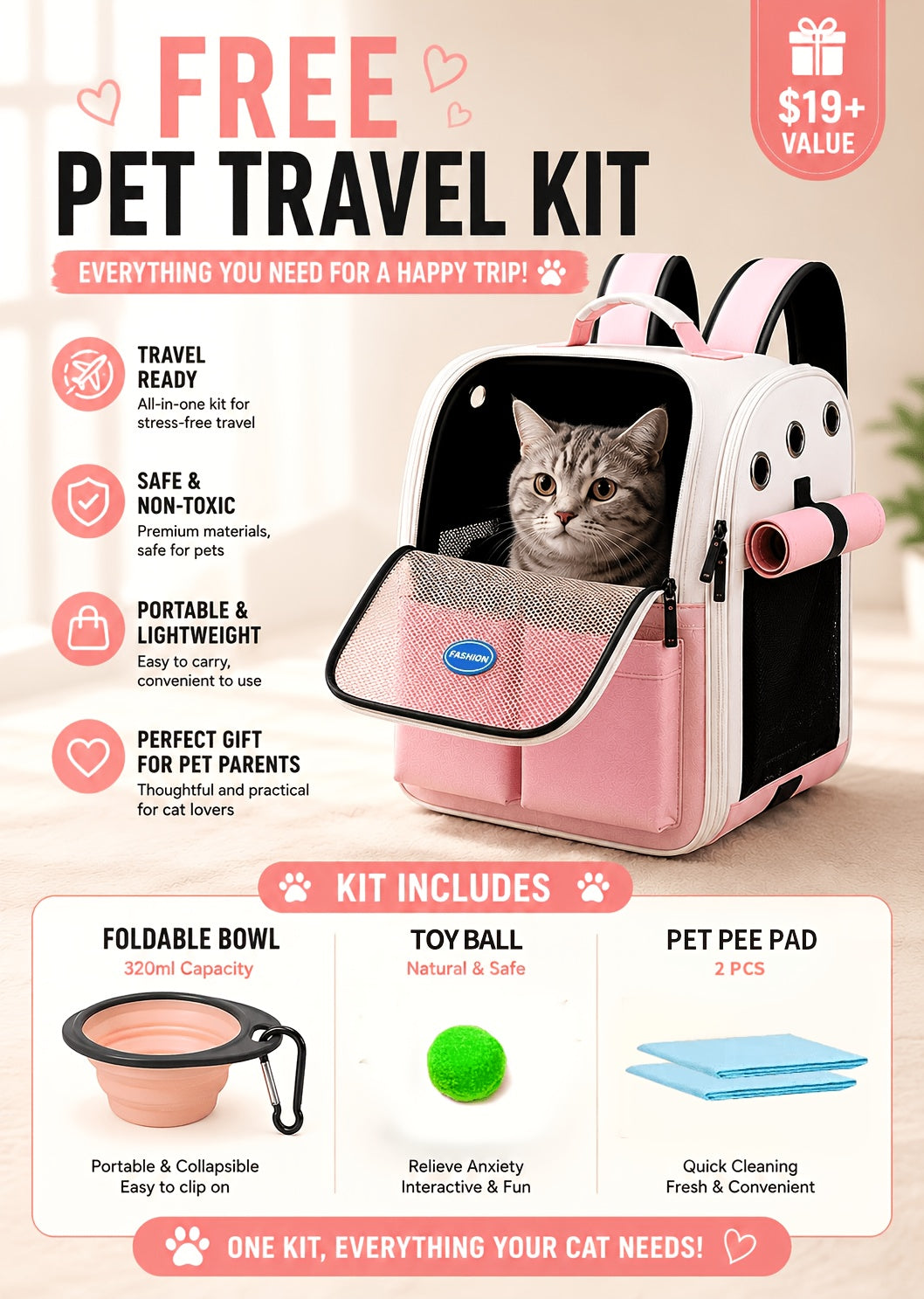 Front Opening Pet Carrier Backpack for Cats, Small Dogs and Puppies, Breathable Foldable Travel Bag with Safety Hook and Storage Pockets