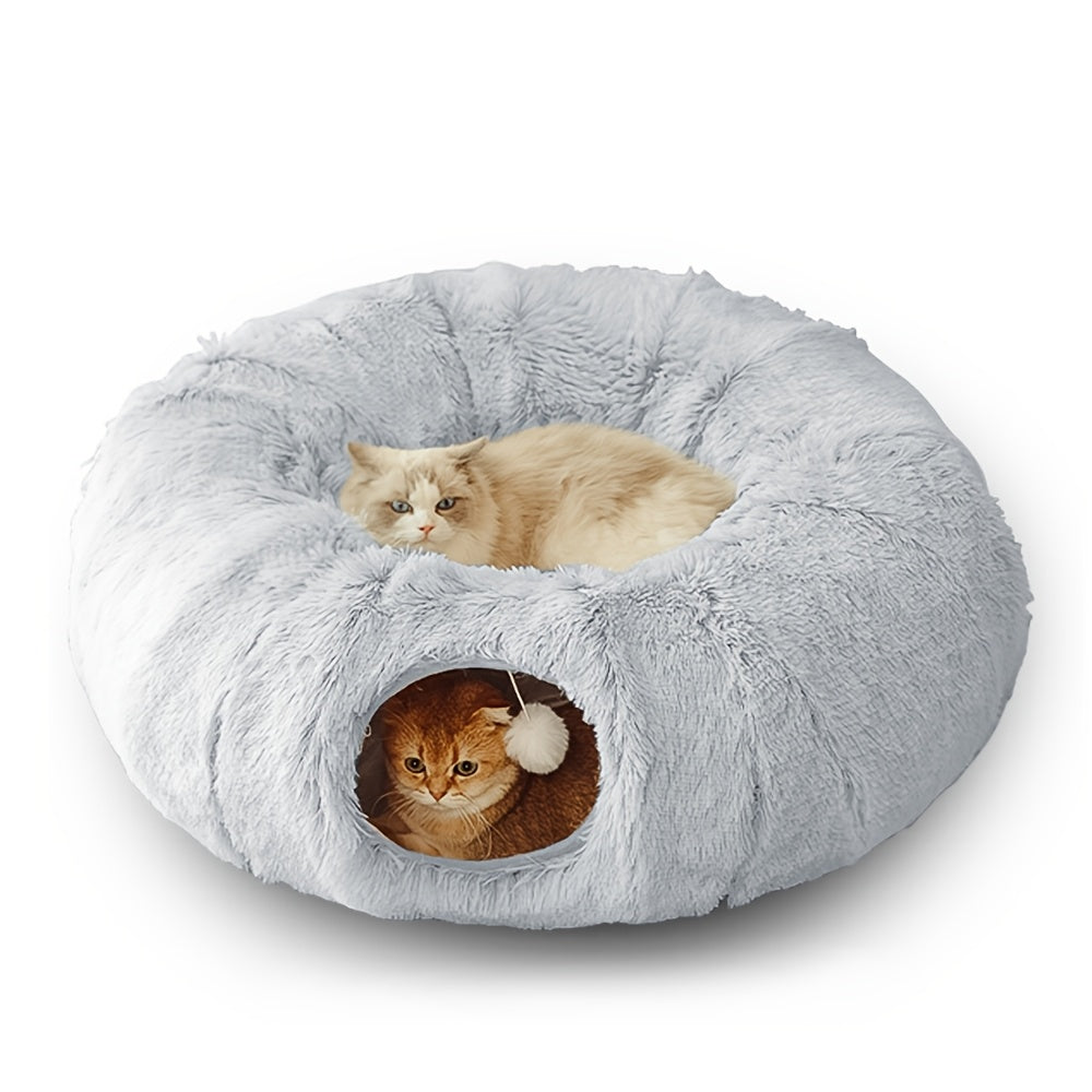 Cat Tunnel Bed with Plush Donut Hideaway, Winter Cozy 2-in-1 Indoor Cat Cave with Hanging Pom-Pom Toys and Thickened Non-Slip Bottom