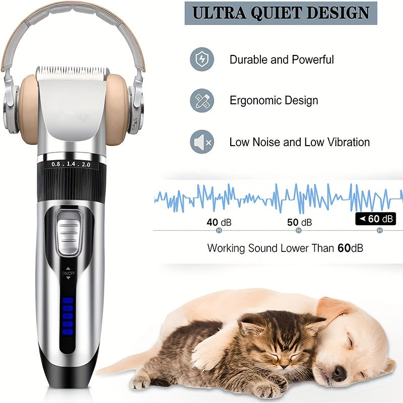 Rechargeable Dog Grooming Clippers Set in Silver, Low-Noise Electric Pet Hair Trimmer with Four Guide Combs for At-Home Dog and Cat Coat Care