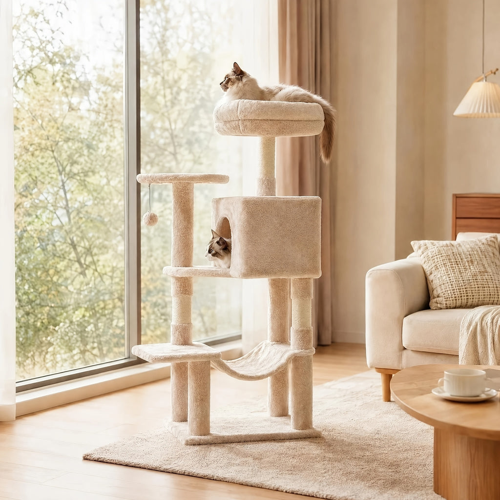 Cat Tree 44 or 54 Inch with Soft Hammock and Condo, Natural Sisal Scratching Posts for Indoor Climbing and Rest, Eight Color Options