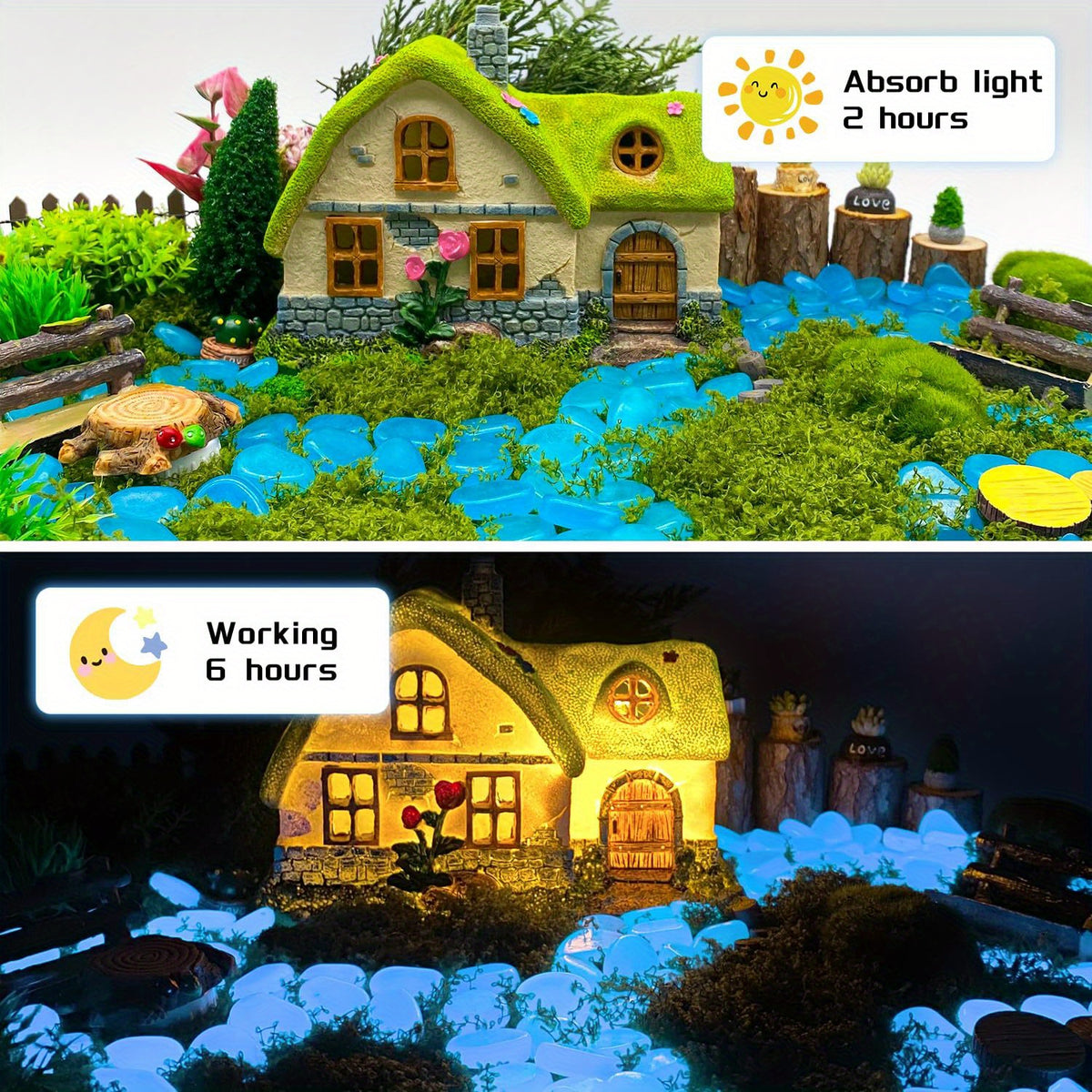 Glow in the Dark Pebbles, 1500 Blue Luminescent Decorative Stones Charged by Sunlight or Lamp Light for Garden Paths and Indoor Displays