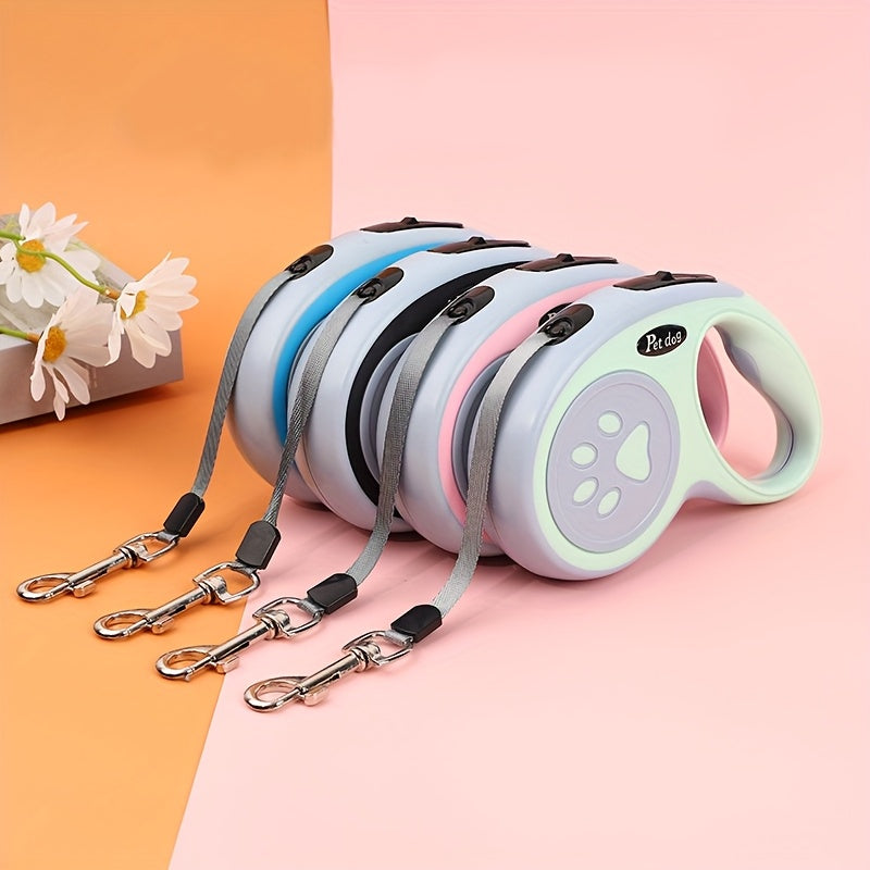Paw Print Retractable Pet Leash 3m, Portable Walking Lead for Cats and Dogs with 4 Bells, Blue Green Pink or Black for Everyday Outdoor Walks