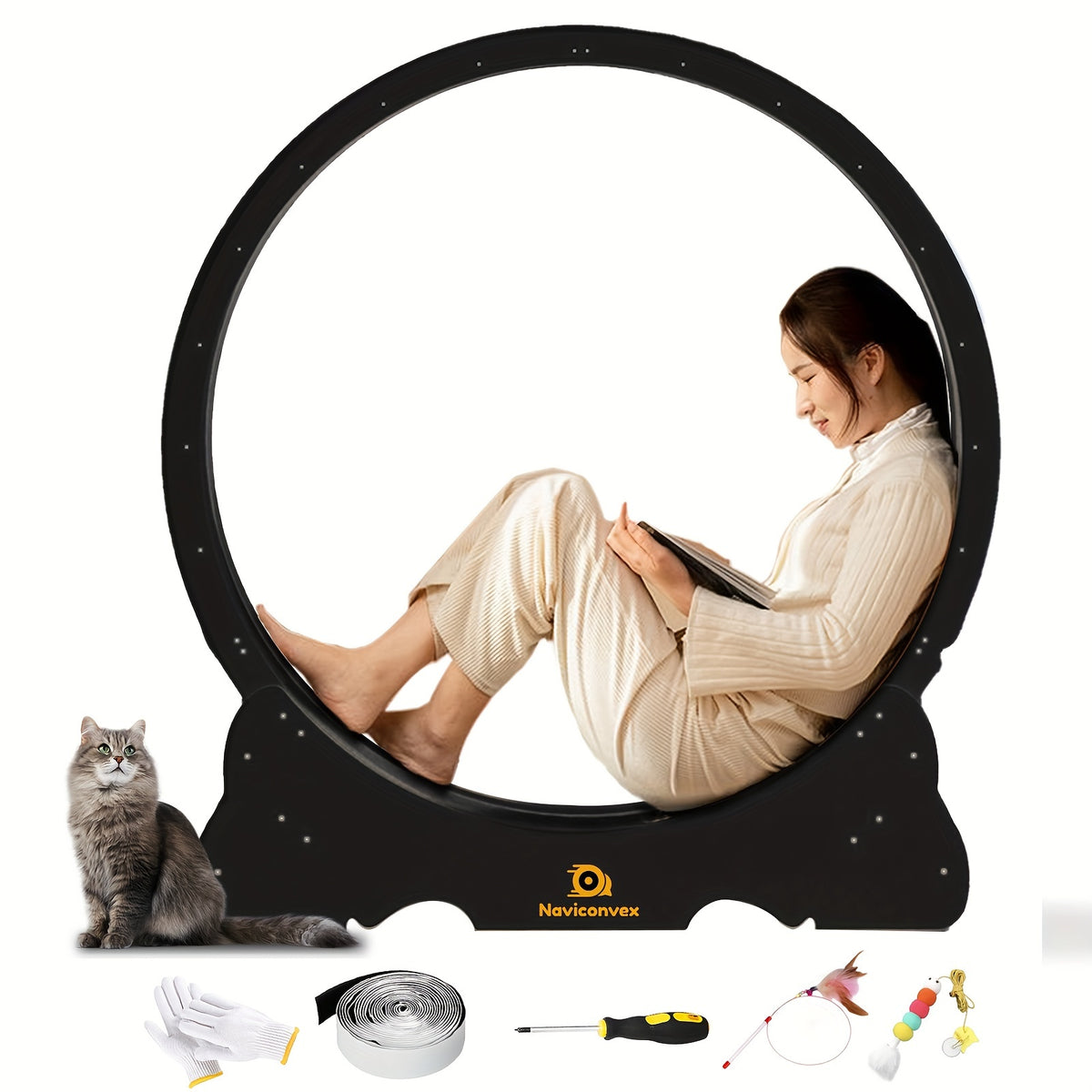 45 Inch Cat Exercise Wheel with Carpeted Runway, Large Wooden Indoor Cat Treadmill for Supervised Activity in Wood, Black or White