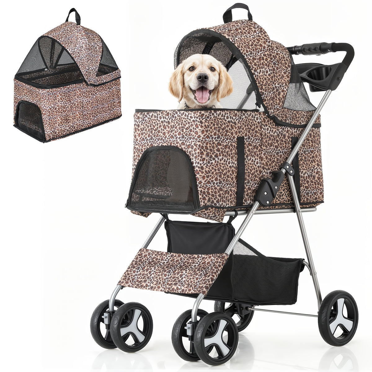Dog Stroller for Pets up to 33 lbs, 3-in-1 Foldable Pushchair with Detachable Carrier, Car Seat Mode, Push-Button Entry and Mesh Canopy