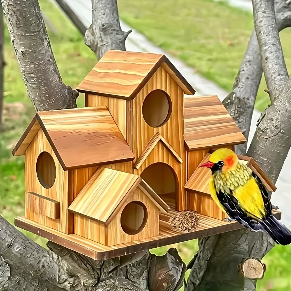 Wooden Birdhouse with Multi-Cottage Design, Rustic Pitched Roof Bird House in Dark Brown for Outdoor Garden Decor and Backyard Bird Lover Gifts