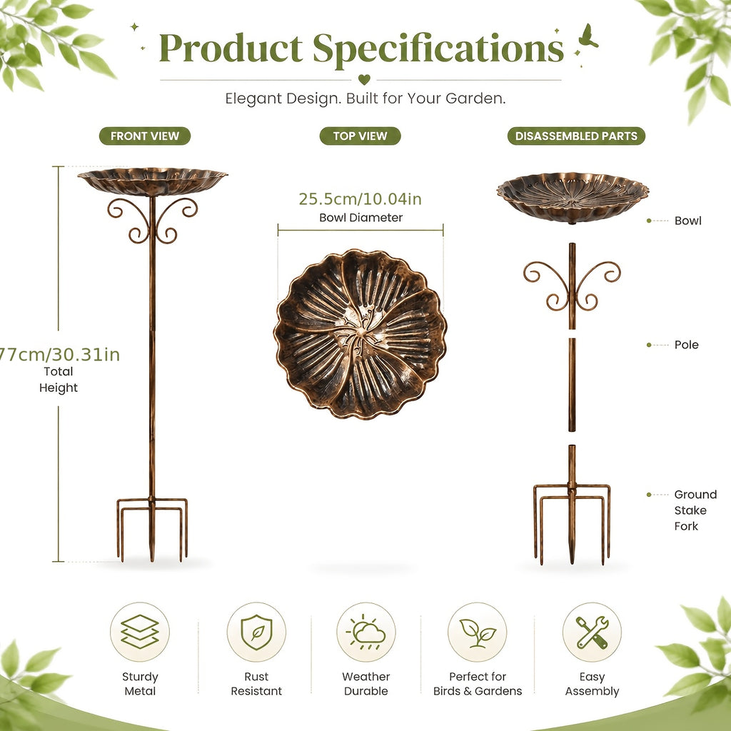 Garden Bird Bath with Ground Stake, 30.31-Inch Retro Metal Birdbath with Scalloped 10-Inch Basin, Copper or Bronze Color for Outdoor Yards