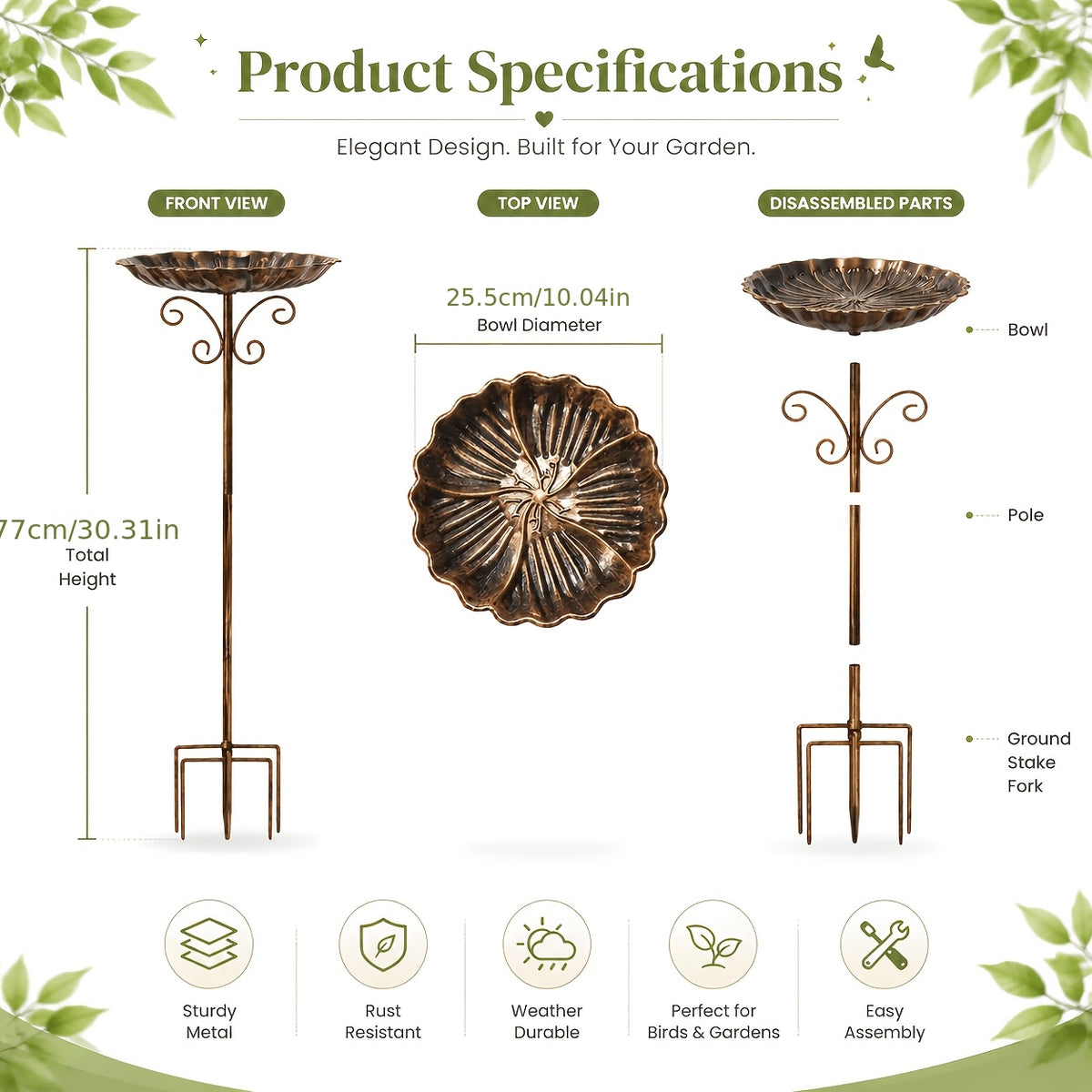 Garden Bird Bath with Ground Stake, 30.31-Inch Retro Metal Birdbath with Scalloped 10-Inch Basin, Copper or Bronze Color for Outdoor Yards