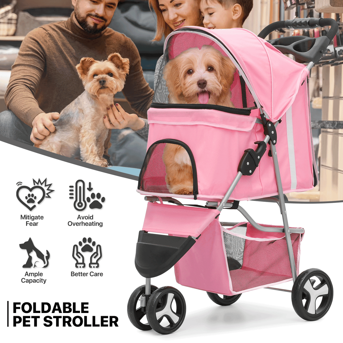 Foldable Dog Stroller for Small Dogs and Cats, 3-Wheel Pet Pushchair with Weather Cover, Breathable Mesh, Storage Basket and Cup Holder