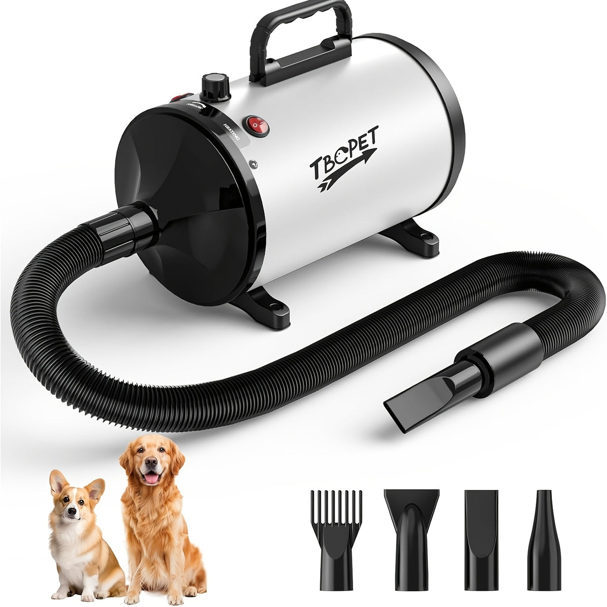 Dog Blow Dryer 2000W with Adjustable Speed and Temperature, Pet Grooming Hair Dryer with 4 Nozzles and Extendable Hose in Four Colors