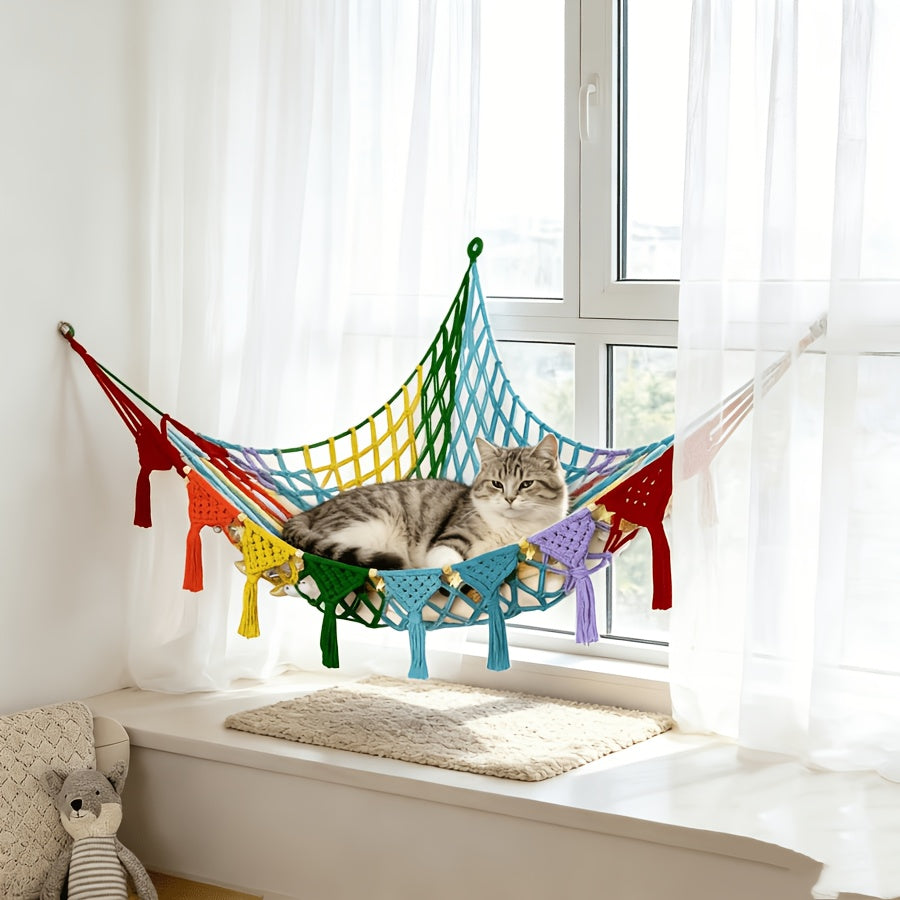 Handwoven Cat Hanging Bed, Vinyl Basket Hammock for Kittens and Cats, All-Season Indoor Pet Lounger in Pink, Black, Multicolor or Beige