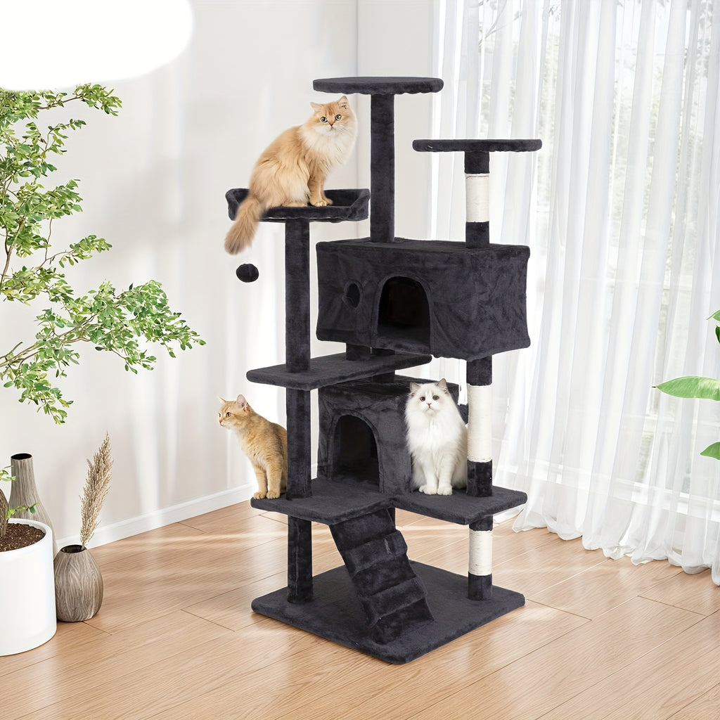 Cat Tree 54 Inch in Dark Gray, Multi-Level Indoor Cat Tower with Scratching Posts, Condo Hideaway and Play Toys for Climbing, Rest and Daily Activity