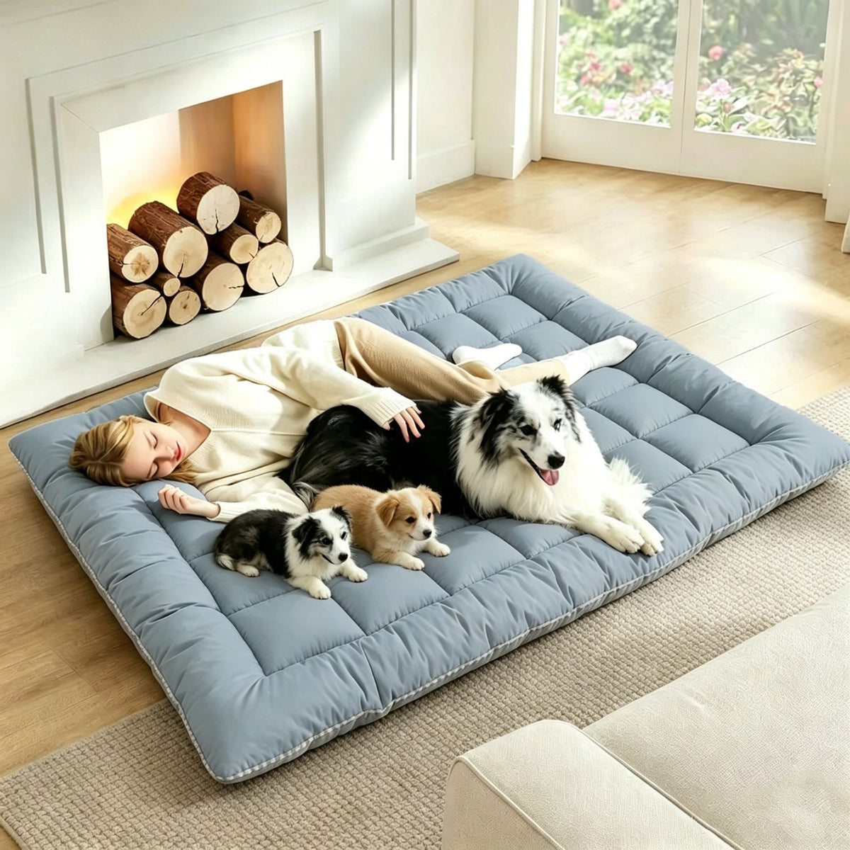 Dog Bed Mat Topper with Four Corner Straps, Rectangular Roll-Up Pet Mattress Pad for Large Dogs and Multi-Pet Homes, L to XXXL with Plush and Faux Fur Options