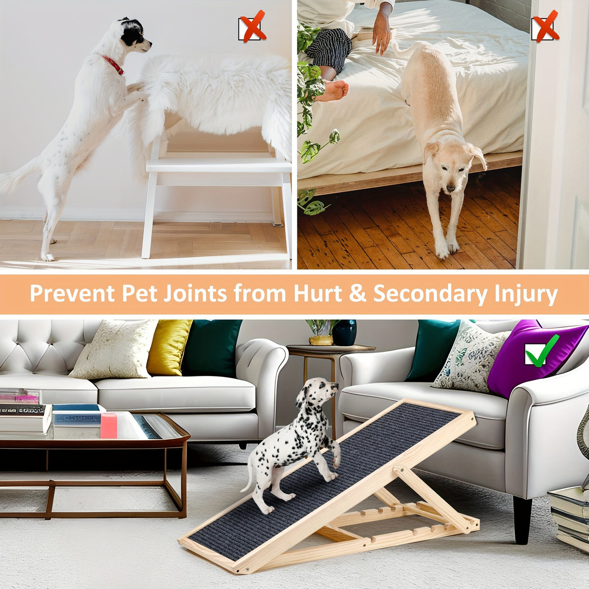 Portable Dog Ramp 42 Inch, Wooden Pet Access Ramp for Dogs and Cats to Reach Suitable Cars, Beds and Couches, Rated Up to 200 Pounds
