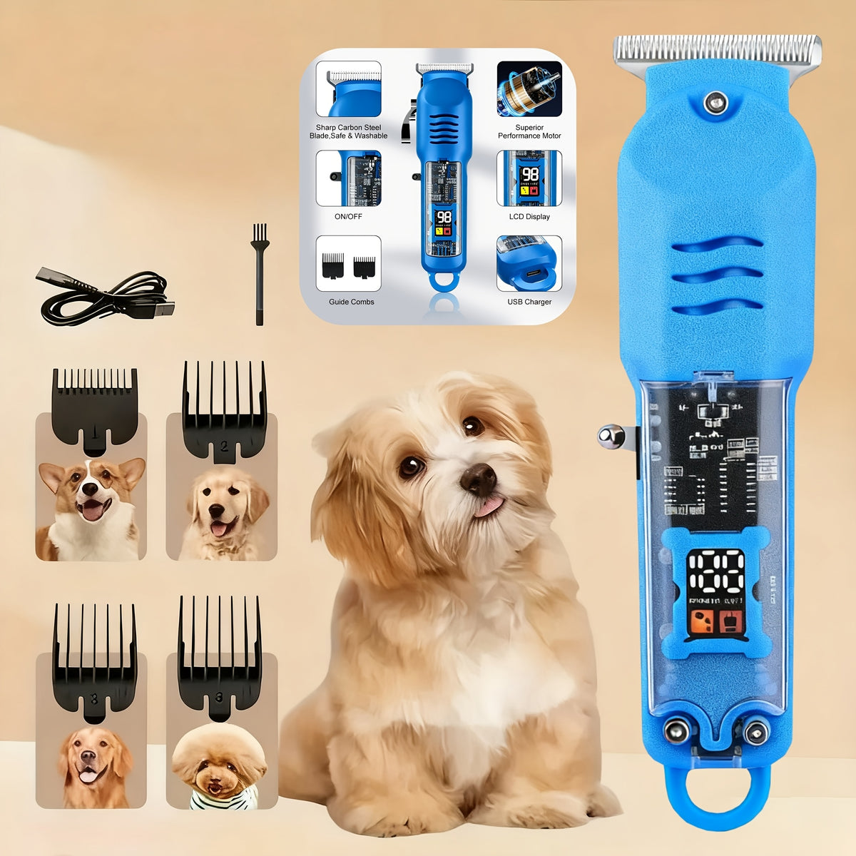 Pet Hair Trimmer Cordless Rechargeable, Low-Noise Electric Dog Clippers with 4 Limit Combs, LED Battery Display and Sharp Blades for Small and Large Dogs and Cats, Blue or Yellow