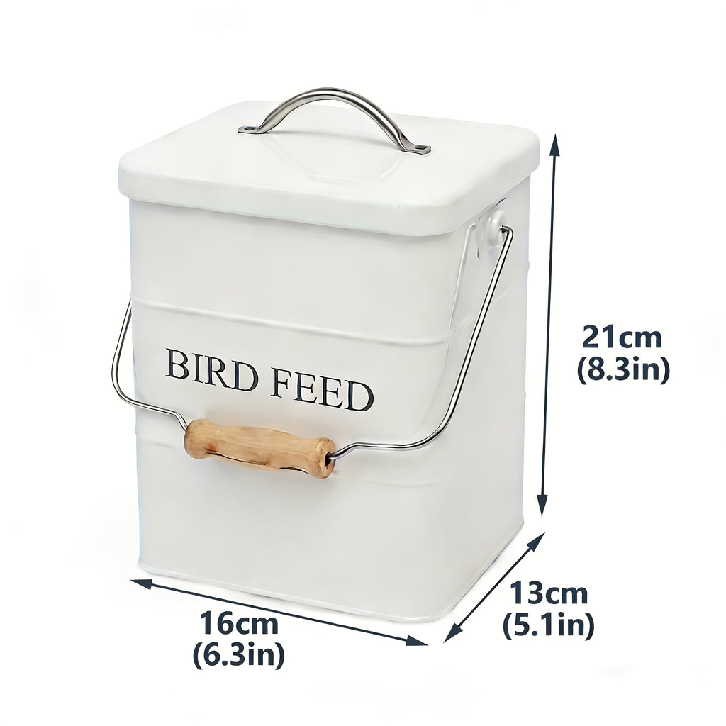 Bird Seed Storage Tin with Lid, Metal Bird Food Container in White or Black, Vintage Farmhouse Style Bucket for Organized Feeding Supplies at Home