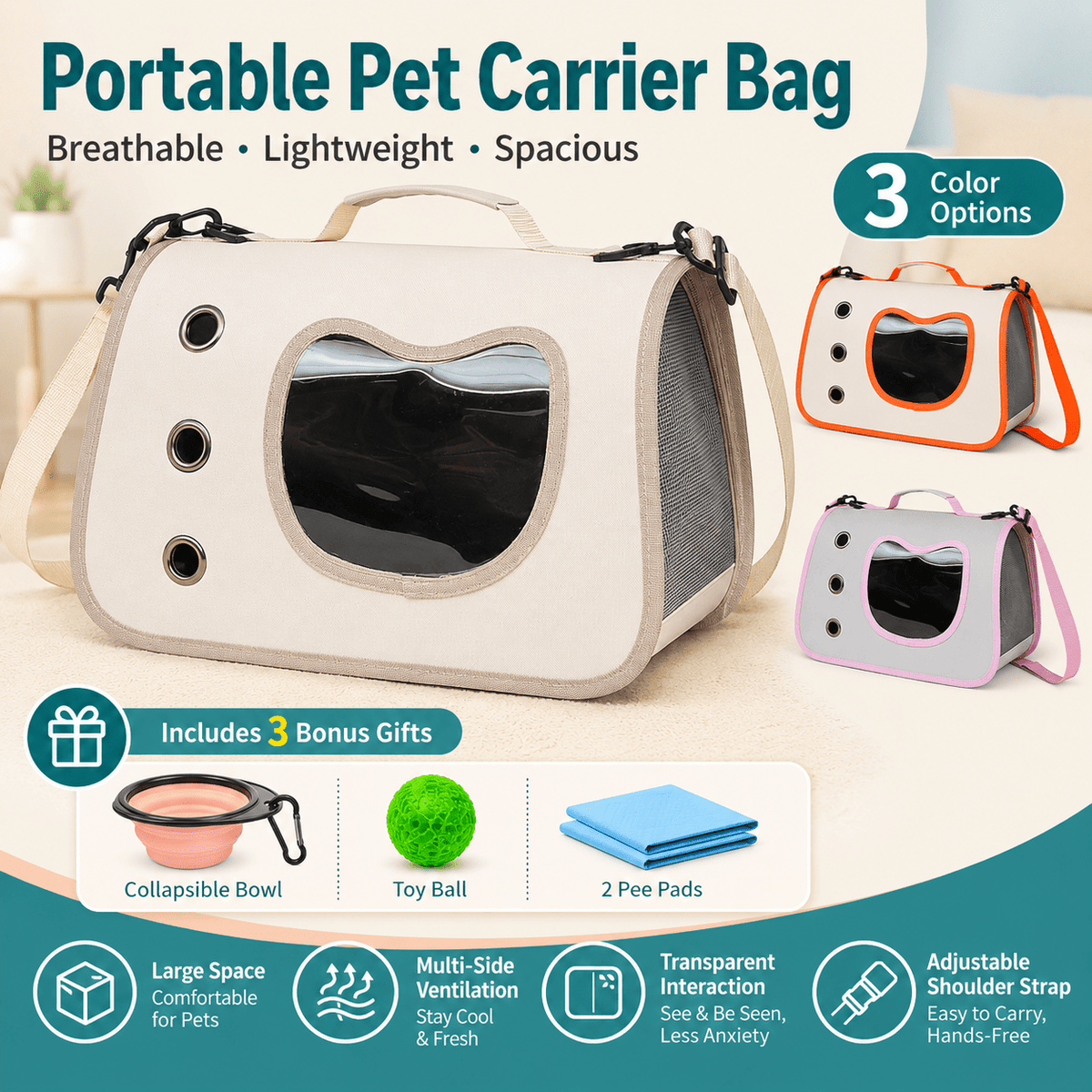 Pet Carrier Bag with Side Opening for Cats and Dogs, Soft-Sided Breathable Travel Tote for Handheld and Shoulder Carry, Off-White, Orange or Pink