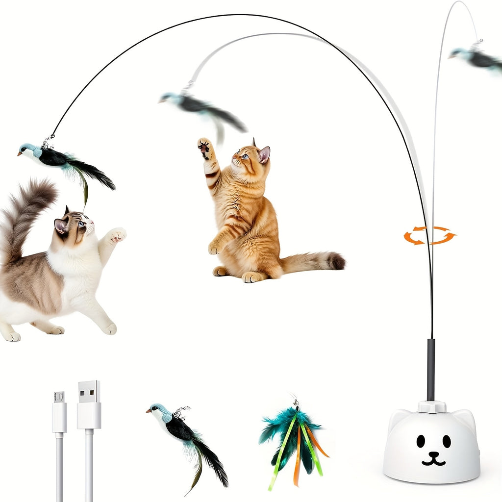 Automatic Bird Cat Toy with Rotating Feather Wand, USB Rechargeable Suction Cup Teaser with Touch Wake-Up for Supervised Indoor Play, White or Black