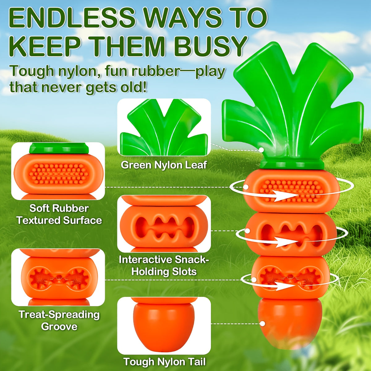 Carrot Dog Chew Toy for 15-80 lb Dogs, Textured Orange and Green Chewing Toy for Supervised Play, Daily Enrichment and Pet Birthday Gifts