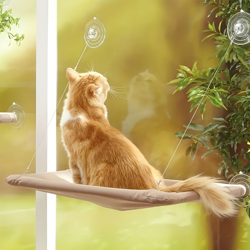 Suction Cup Cat Window Hammock in Khaki, Indoor Cat Bed and Window Viewing Platform for Lounging, Birdwatching and Everyday Rest