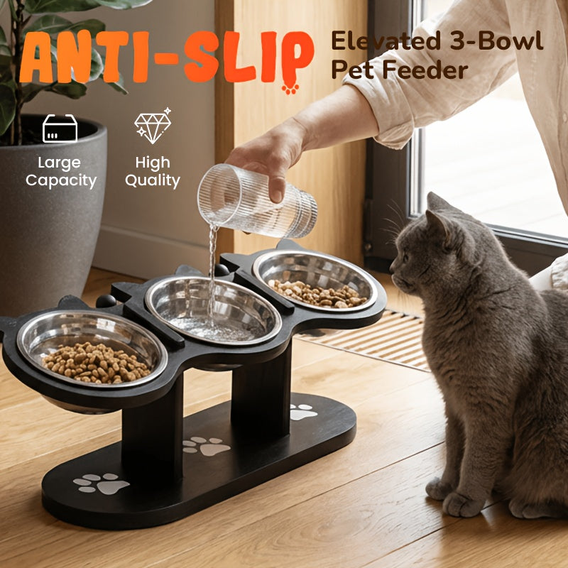 Elevated Cat Bowls with Black Wooden Stand, 15 Degree Tilted Adjustable Feeder with 2 or 3 Stainless Steel Dishes for Cat and Small Dog Food and Water
