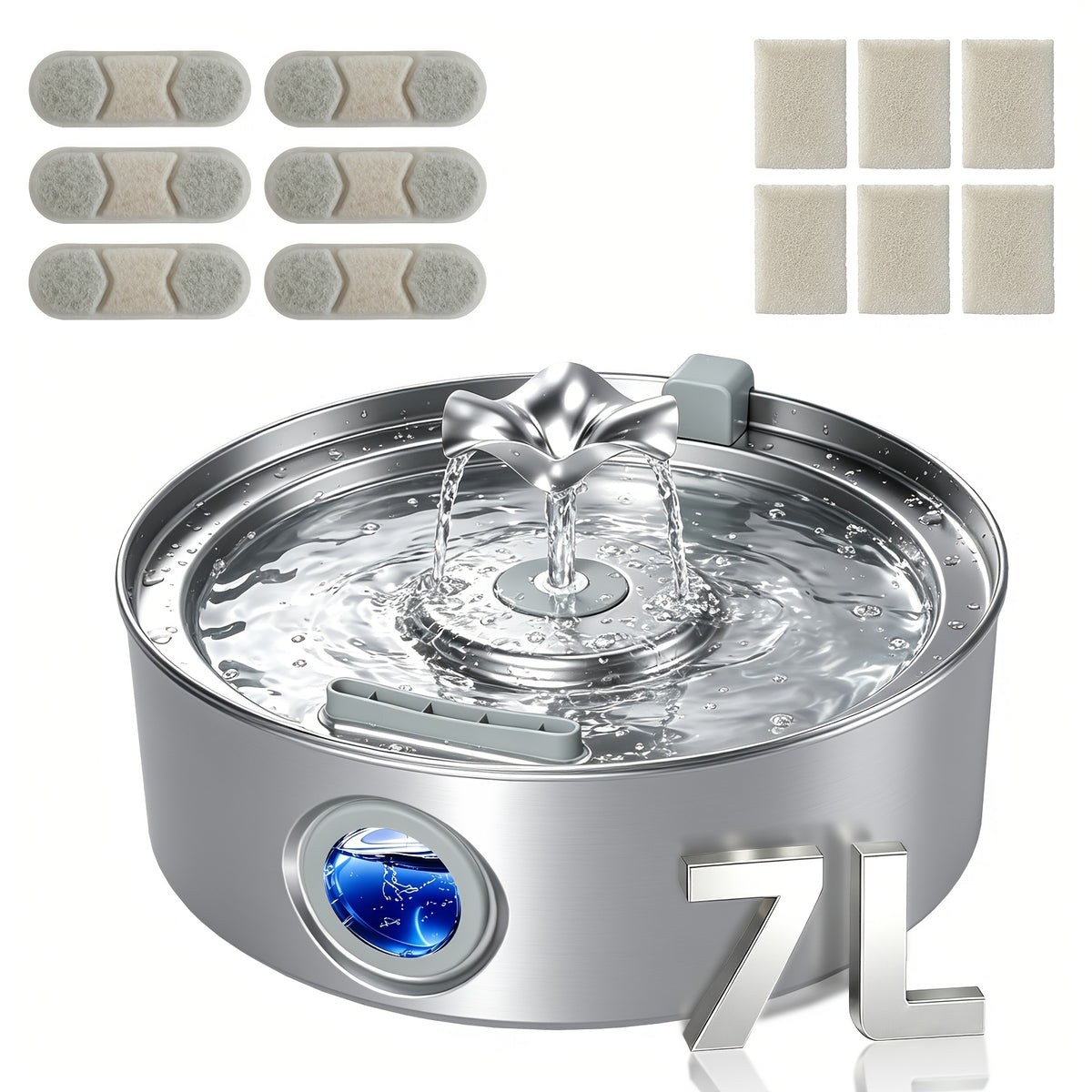 Dog Water Fountain 7L with Flower Head, 304 Stainless Steel Pet Drinking Dispenser with Water Level Window and Filter Bundle Options for Multi-Pet Homes