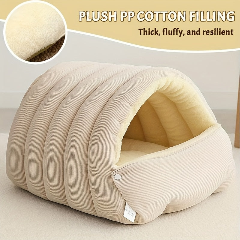 Cat Sleeping Bag Bed with Removable Cushion, Cozy Hooded Cave for Indoor Cats and Small Dogs, Ribbed Winter Hideaway in Beige, Green or Purple