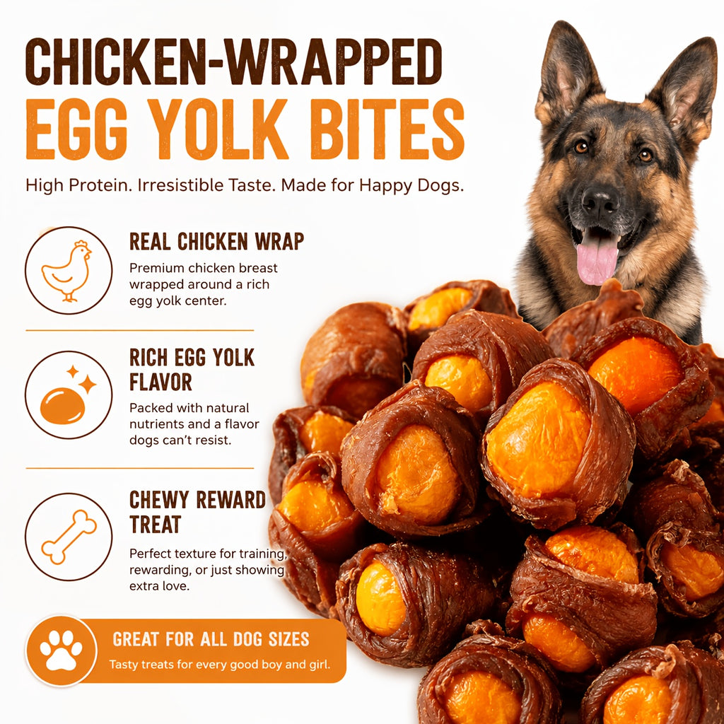Meat Wrapped Egg Yolk Dog Treats, Chicken or Duck Flavor Chewy Reward Bites in 115g, 255g and 510g Options for Supervised Training and Snack Time