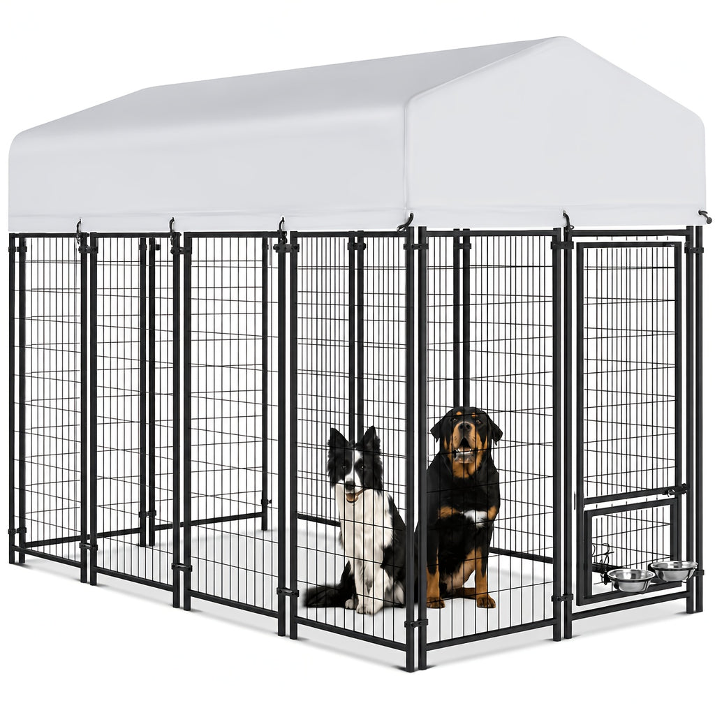 Large Dog Outdoor Kennel with UV-Resistant Roof Cover, Welded Wire Steel Enclosure with Secure Lock in 4, 6 or 8 Foot Lengths
