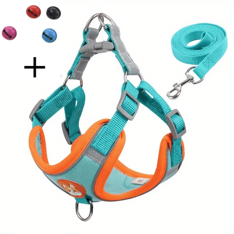 Adjustable Reflective Dog Harness and Leash Set with 4 Bells, Breathable Walking Vest for Small and Medium Dogs in Blue, Red or Brown