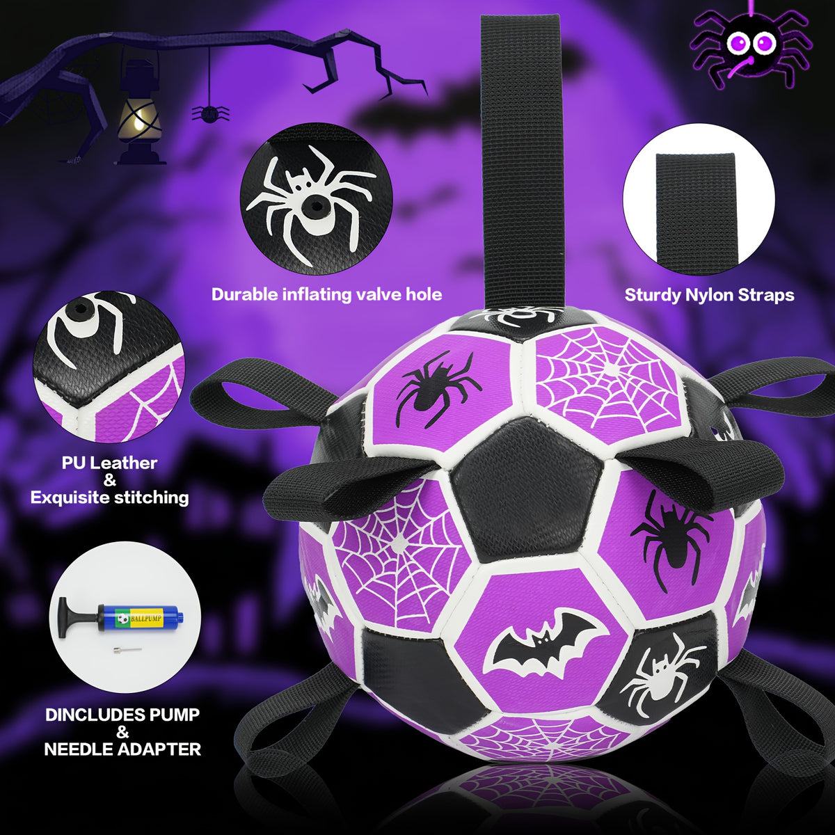 Dog Ball with Halloween Bat and Spider Web Design, Purple Black Fetch Toy with Strap and Inflator, 6 or 7.25 Inch for Supervised Interactive Play