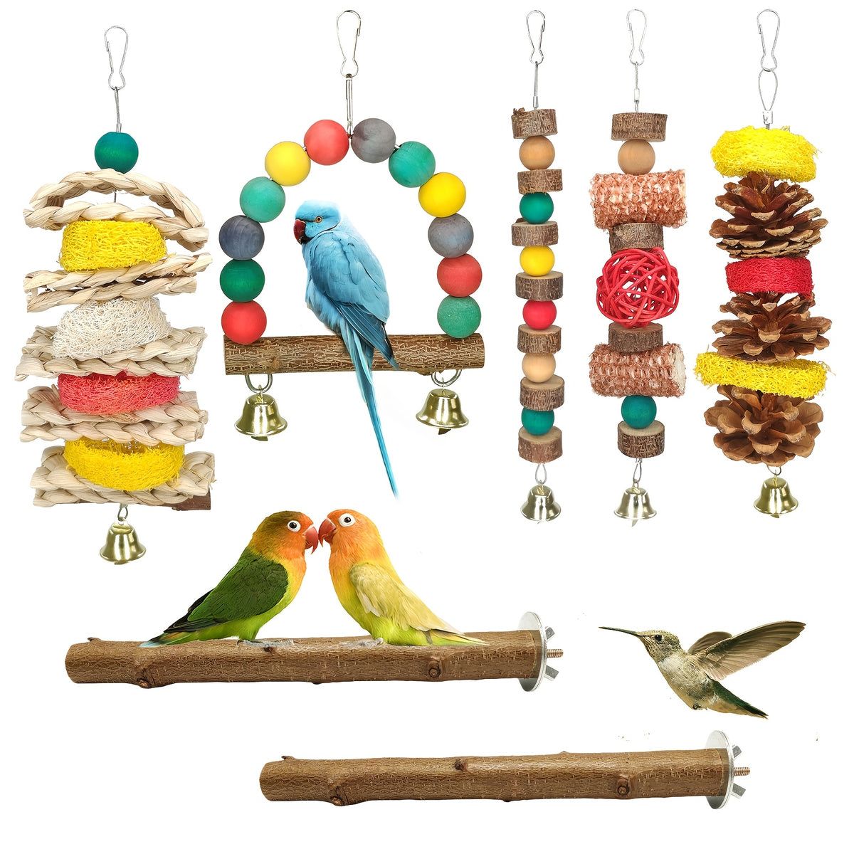 Parrot Chew Toy Set 7 Pieces with Corn Husks, Loofah, Rattan Balls and Wooden Beads, Hanging Bird Cage Toys with Swing and Perches for Daily Enrichment