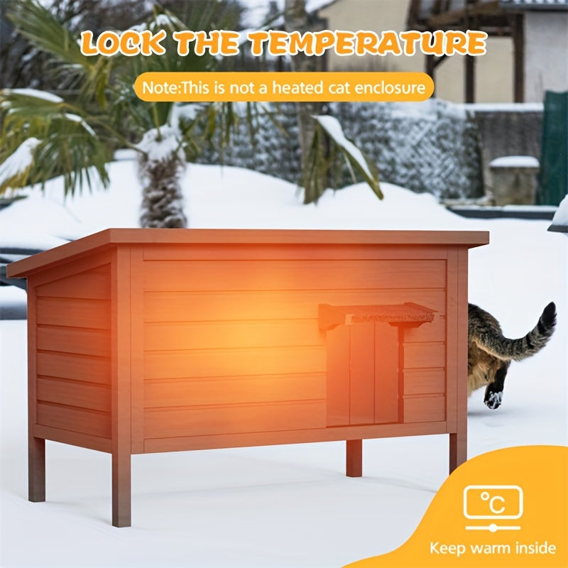Wooden Outdoor Cat House with Six-Side Foam Insulation, Raised Floor and Feeding Station, 34.4 x 21.7 x 27.2 Inch Feral Cat Shelter in Grey or Coffee