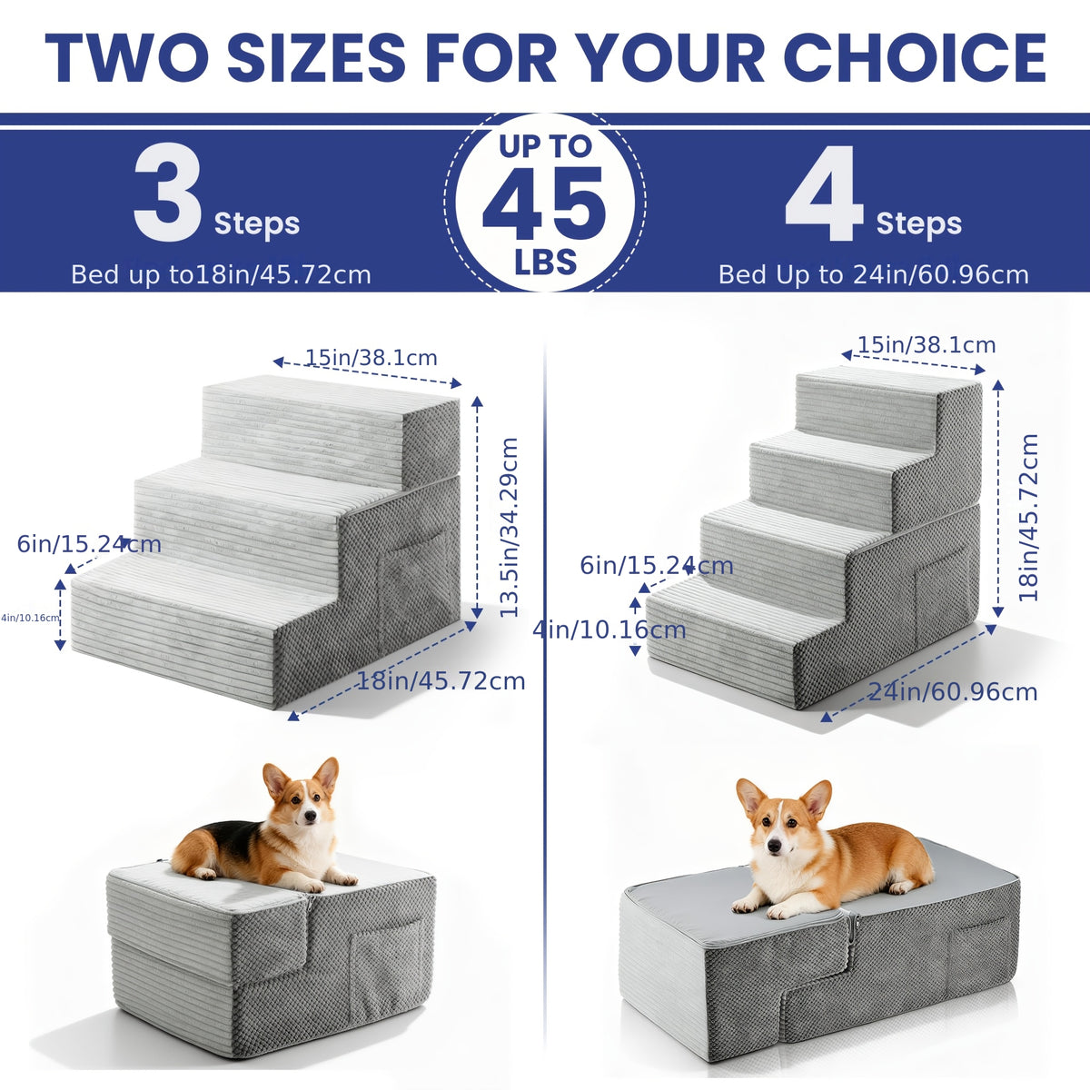 Convertible Dog Stairs with Side Pocket, Dark Gray 3-Step Non-Slip Pet Steps and Ramp for Small Dogs to Reach Suitable Beds, Couches and Chairs