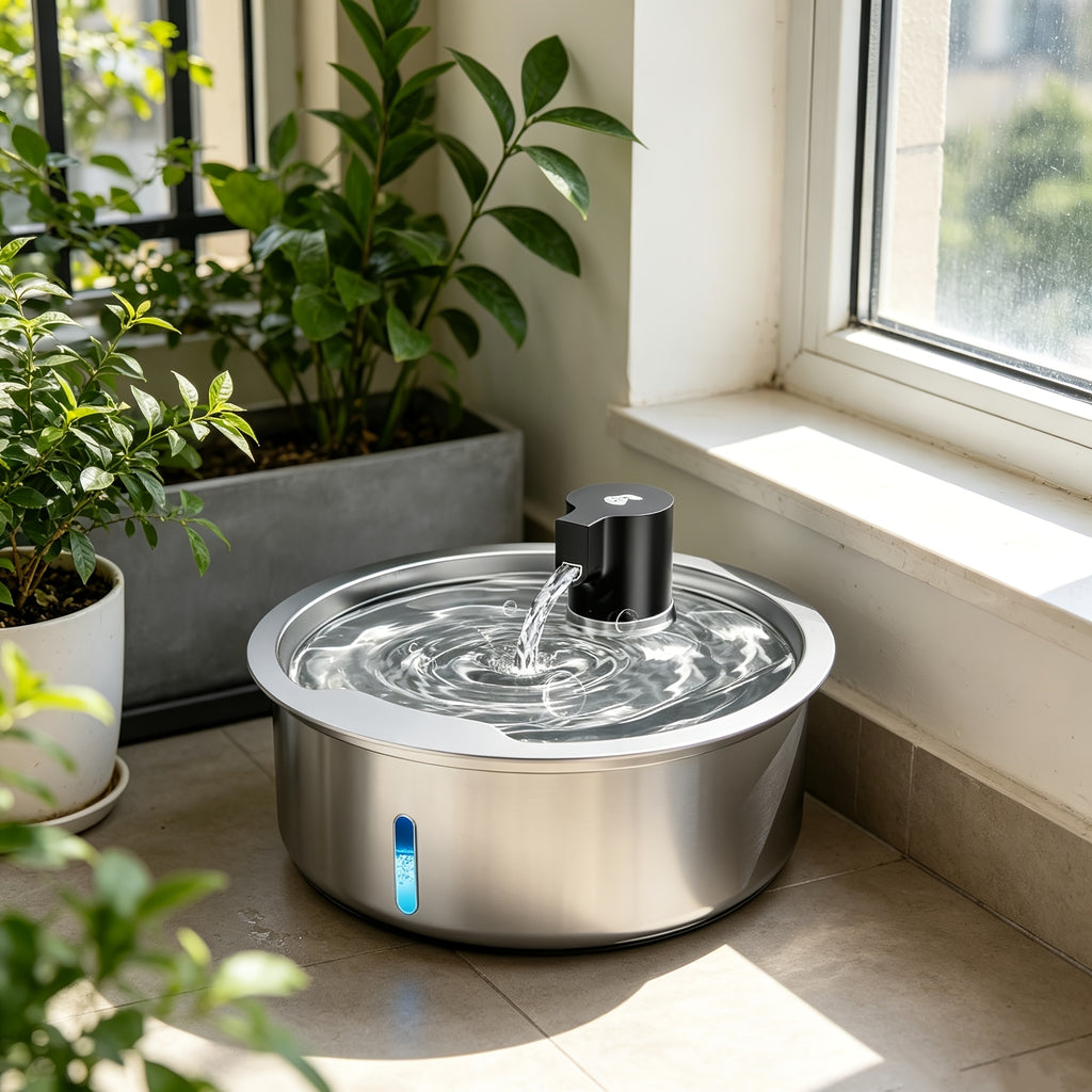 Pet Water Fountain 1.85 Gallon with Filter Bundles, Stainless Steel USB Powered Drinking Dispenser for Cats and Dogs, 5, 8 or 15 Cartridges