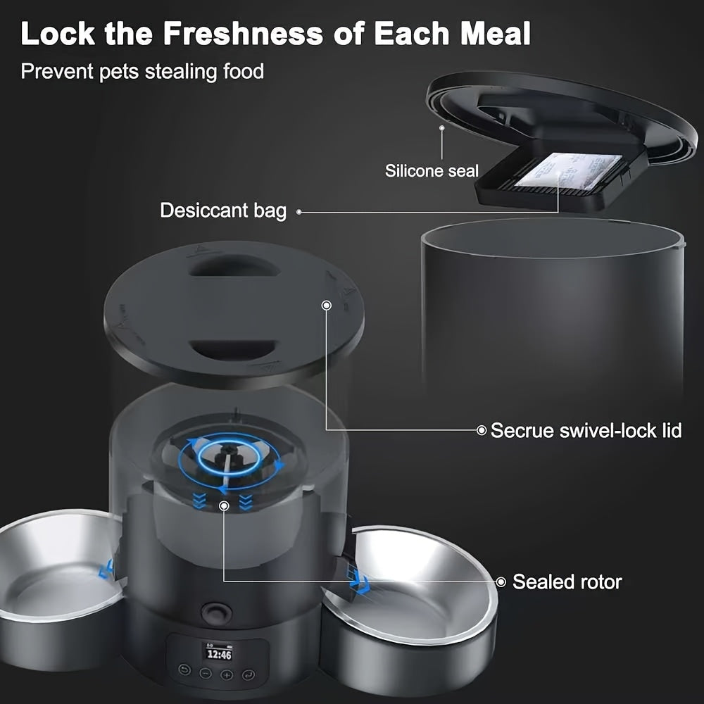Timed Automatic Cat Feeder with 2 Stainless Steel Bowls, 101.44oz Button-Control Food Dispenser, 1-10 Feedings and Dual Power for Multi-Pet Homes