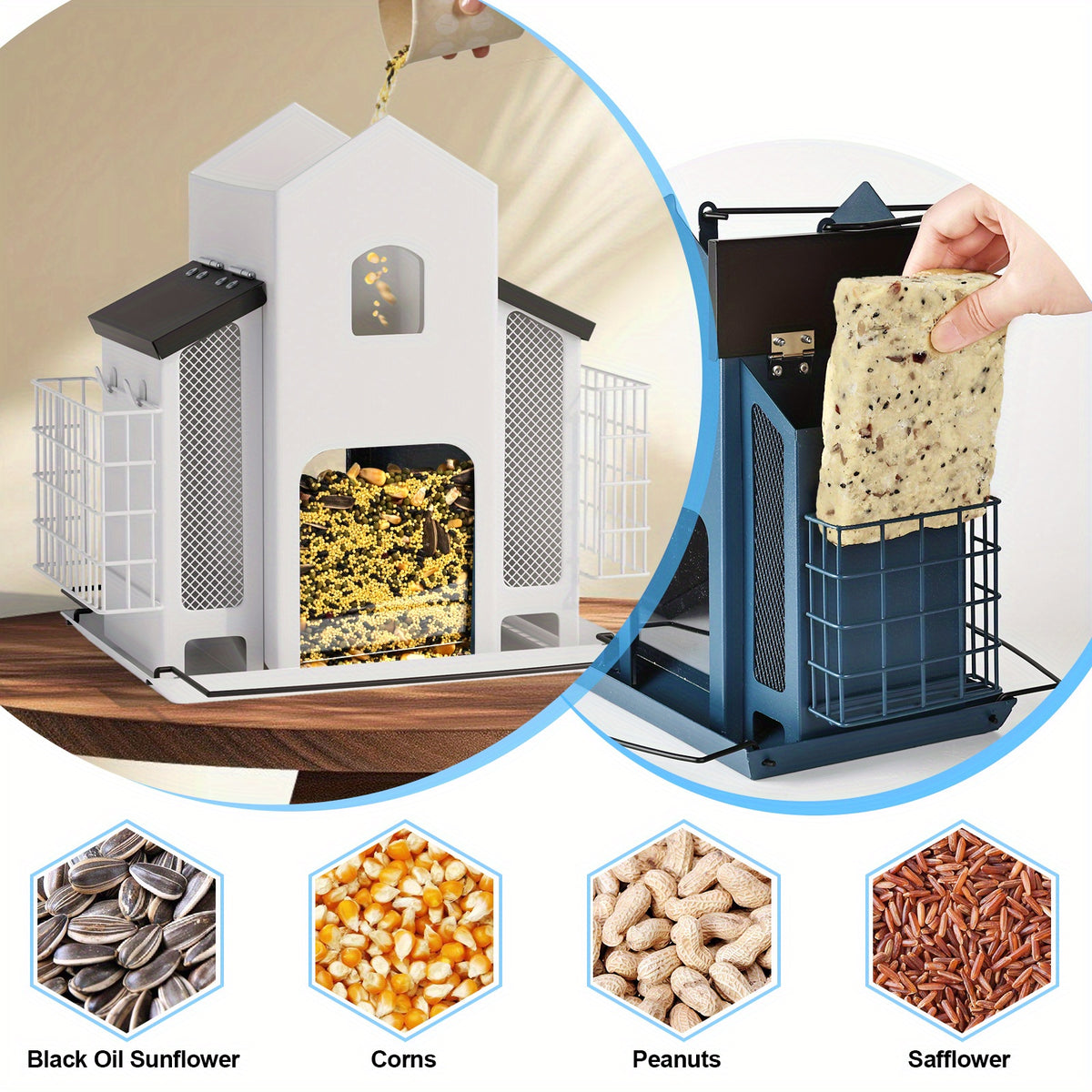 Hanging Metal Bird Feeder with Mesh Seed Compartments and Side Food Cages, House-Shaped Outdoor Feeding Station in Blue, Red or White for Backyard Birdwatching