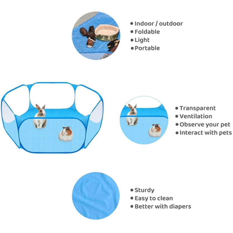 Portable Small Animal Playpen in Blue with Mesh Cover, Indoor Outdoor Pet Enclosure for Supervised Guinea Pig, Rabbit and Kitten Play