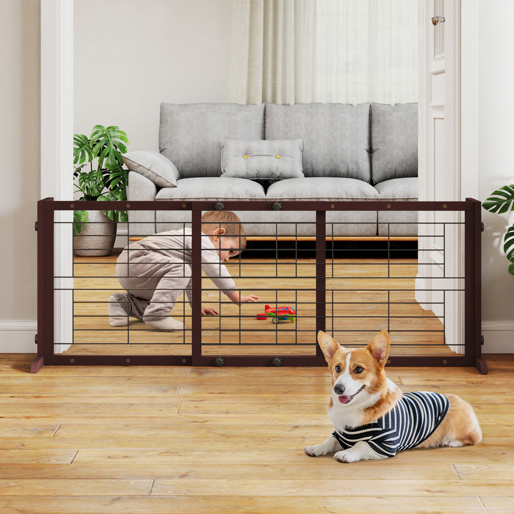 Wood Dog Gate with Sliding Width Adjustment, 38–71 Inch Freestanding Pinewood Pet Barrier with Wide Support Base for Indoor Doorways and Hallways