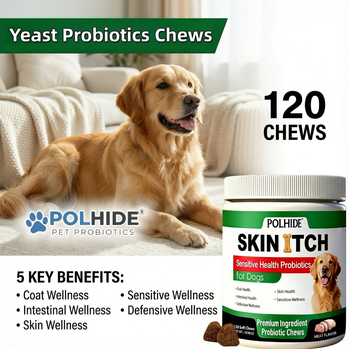 Dog Probiotic Chews in Pork Flavor, 120 Count Soft Chew Supplement for Canine Care Routines, Labeled 90-Day Supply for Dog Owners